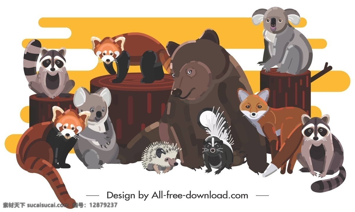 10款卡通 野生动物设计 动物 小熊猫 浣熊 树袋熊 狐狸 木桩 熊 考拉 刺猬 臭鼬 卡通 野生动物 矢量图 ai格式