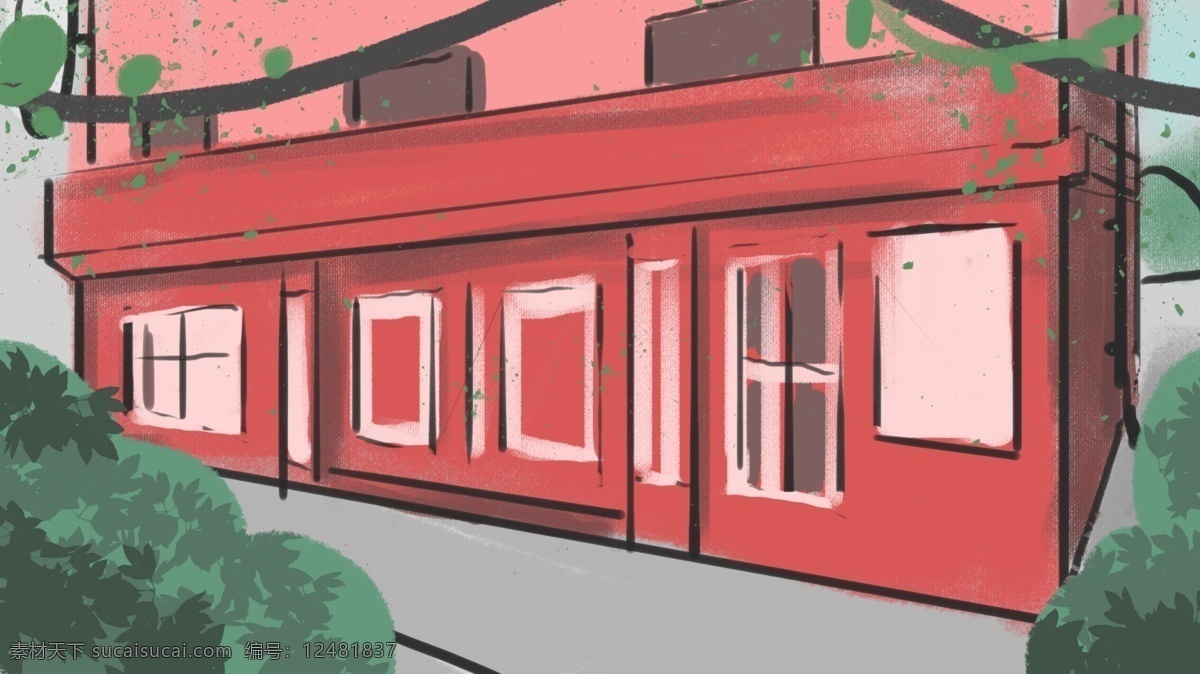 红色 楼房 四 分 三角 度 植物 窗户 插画 城市 灌木 手绘