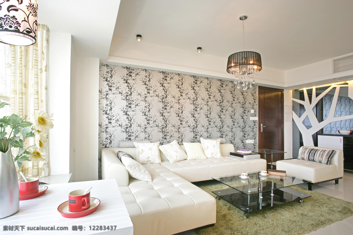 现代家居装修 客厅 室内设计 现代风格客厅 墙画 吊灯 茶杯 沙发 地毯 现代隔板 白色