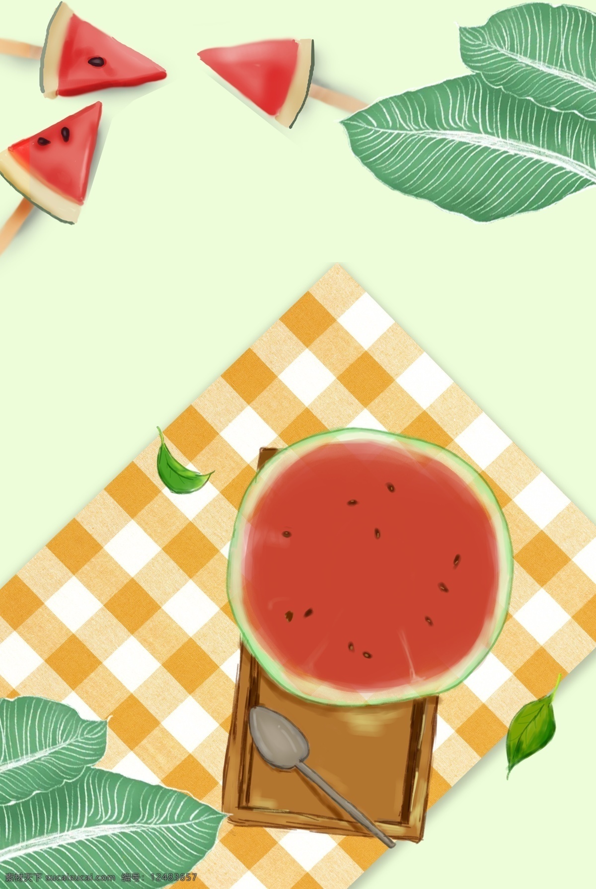 夏至 夏天 西瓜 消暑 背景 消暑背景 叶子 树叶 冰棒 桌布