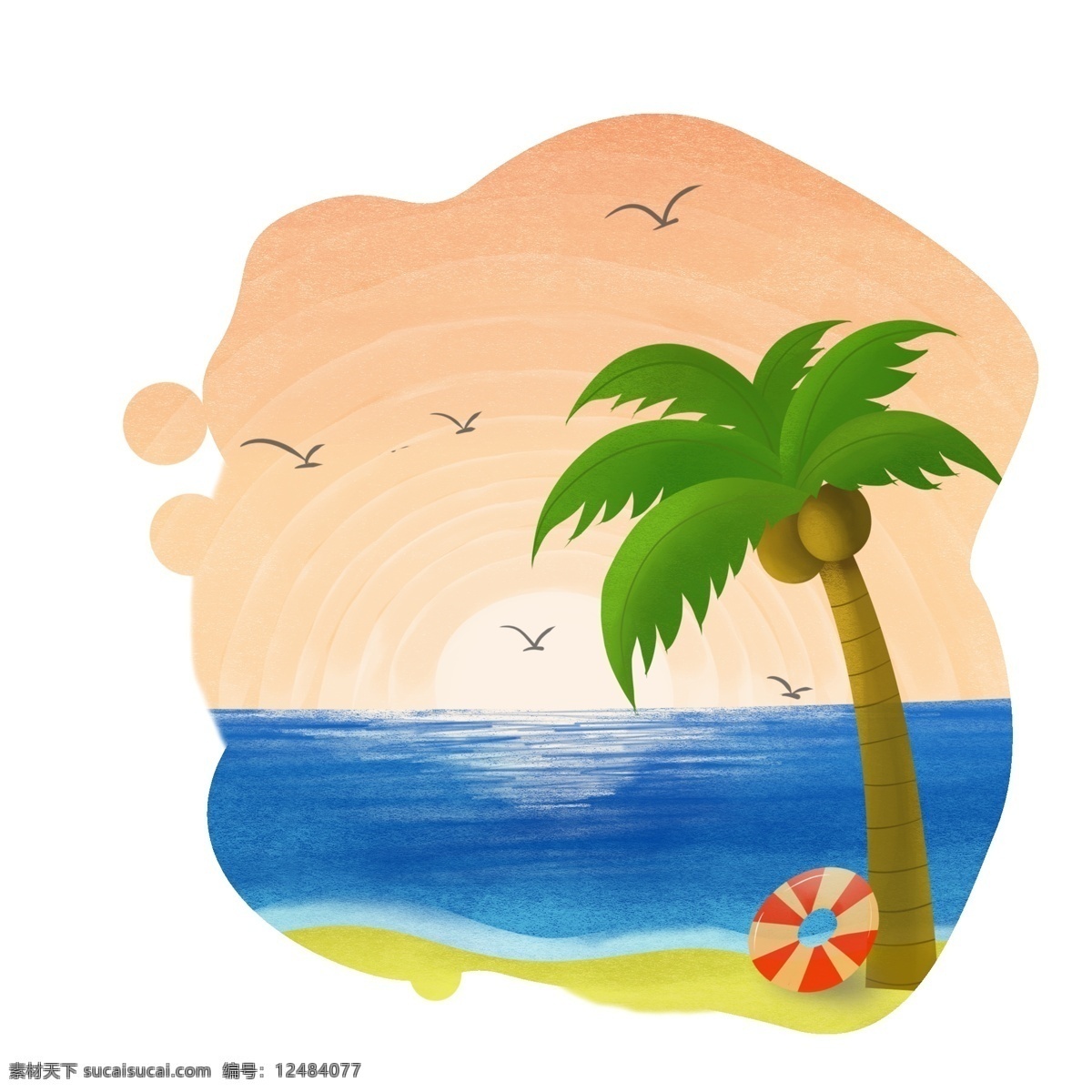 夏至 黄昏 椰树 大海 沙滩 日落 泳 圈 海鸥 椰子 泳圈