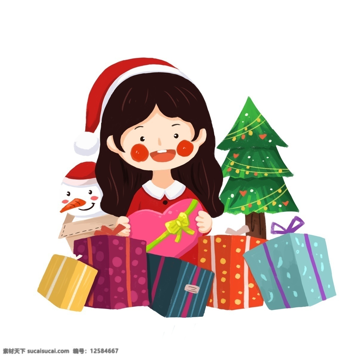 圣诞 绿色 唯美 元素 插画 女孩 收礼 物 圣诞节 西方节日 红色 圣诞女孩 收礼物 拆礼物 礼物 雪人 圣诞树