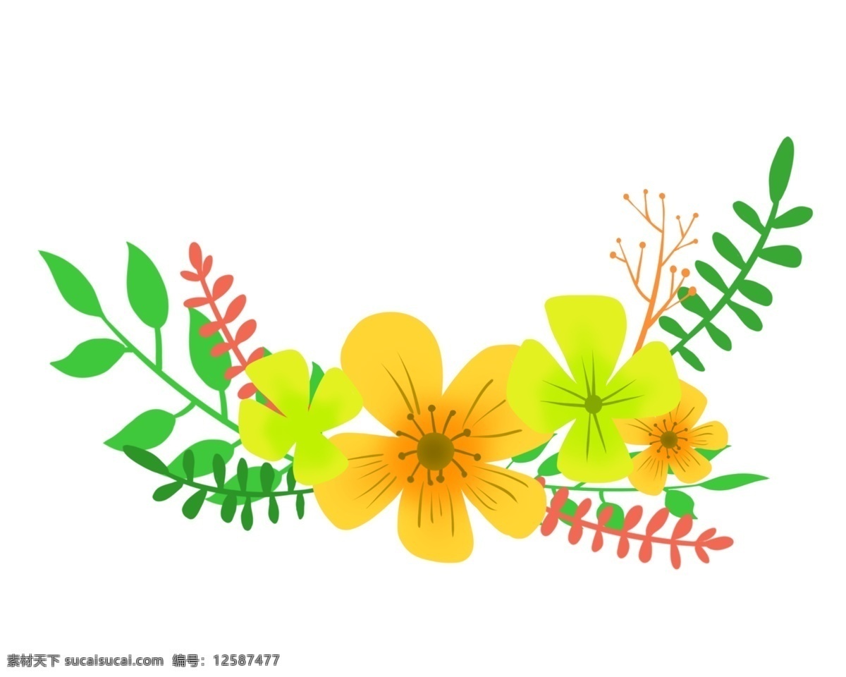 花环 花朵 卡通 插画 卡通插画 花环插画 花朵插画 鲜花 花束 花叶 黄色的花朵 漂亮的花环