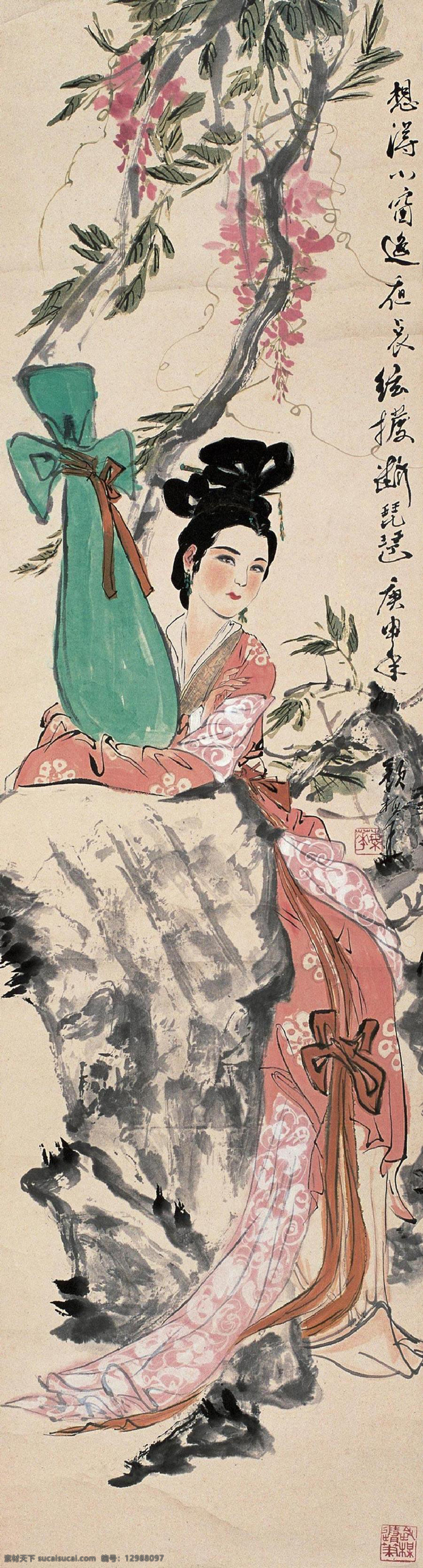 国画 绘画书法 琵琶 人物画 仕女 文化艺术 写意 设计素材 模板下载 琵琶仕女 颜梅华 中国画