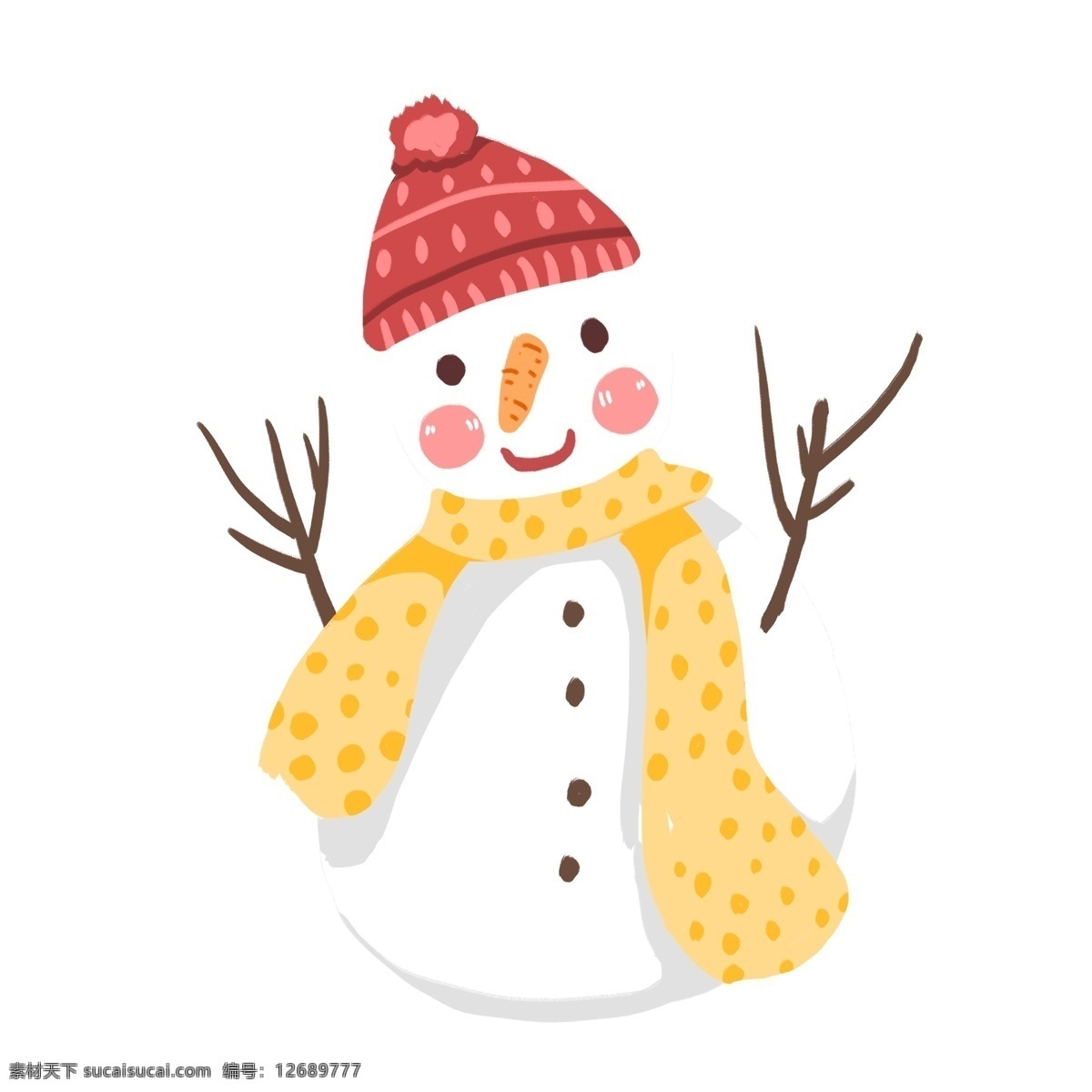 手绘 清新 冬日 微笑 雪人 插画 冬季 围巾 毛线帽