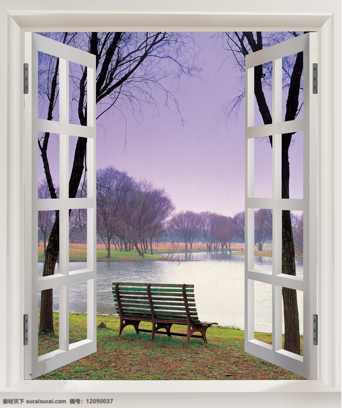 窗外风景 自然景观 自然风光 自然风景 设计图库 窗外 白色窗户 天空 树木 休息座椅 小河 秋日景色 窗外秋景