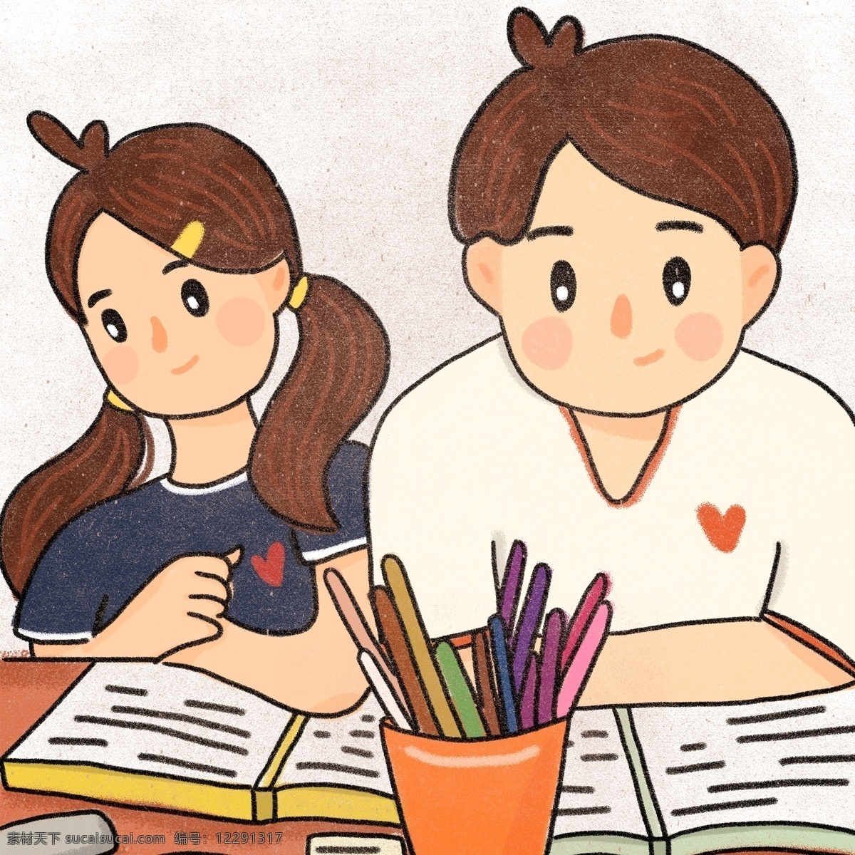 彩绘 同桌 俩 人物 元素 学生 书本 学习 插画 笔筒 在校生
