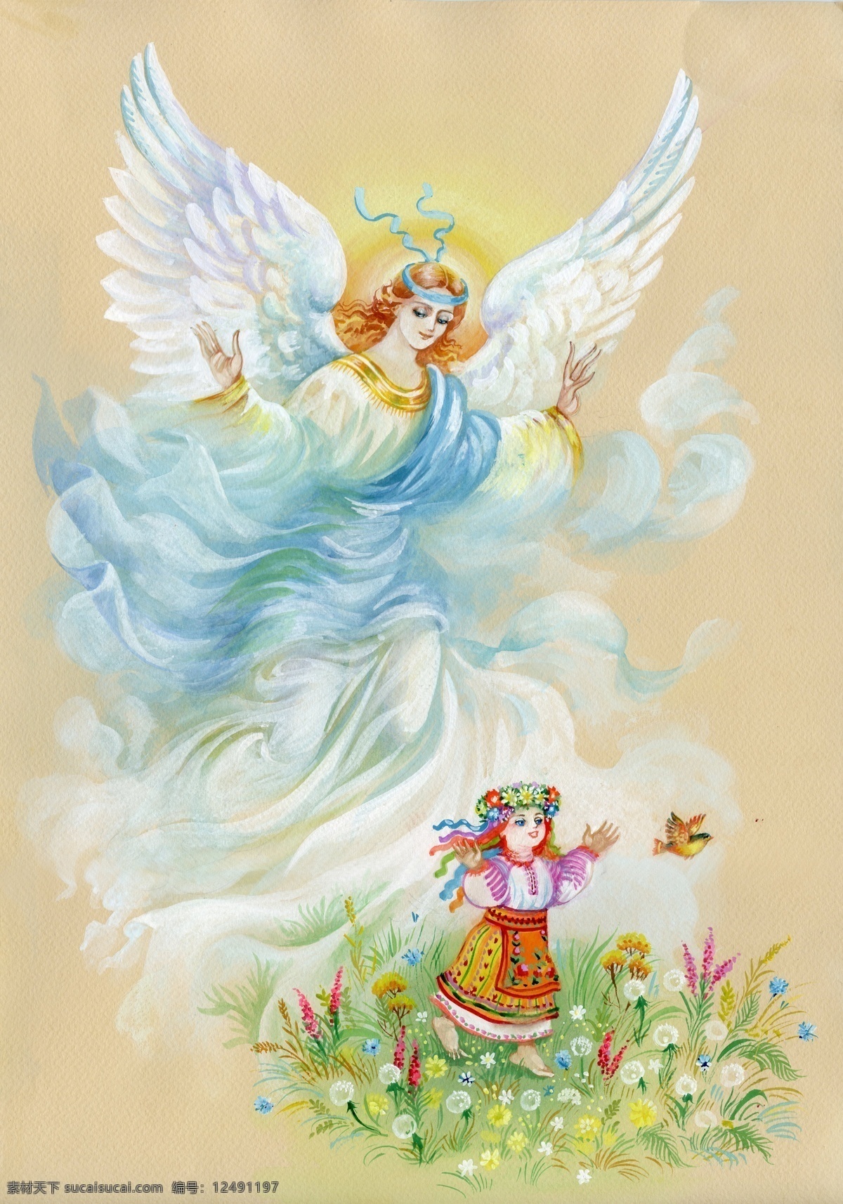 小女孩 天使 插画 鲜花 天使翅膀 天使美女 爱神油画 水彩画 卡通人物 人物图片