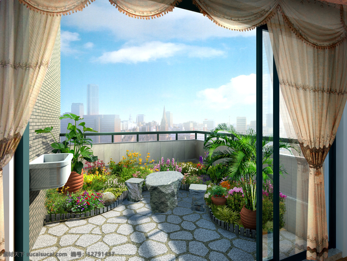 阳台 阳光 风景 壁画 背景 植物 花草 蓝天白云 窗台 家居 3d设计 3d作品