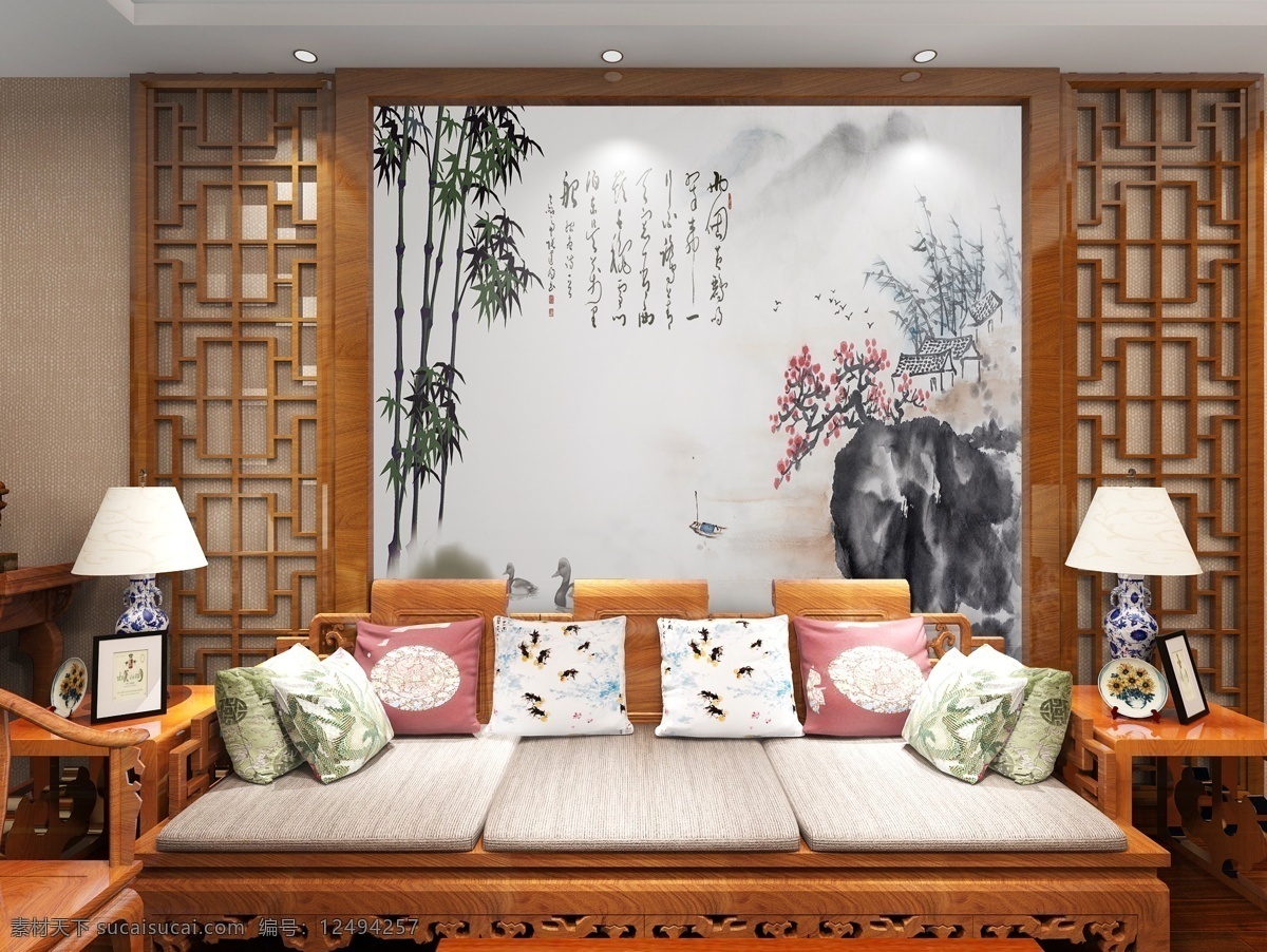 中式 背景 墙 效果图 模版
