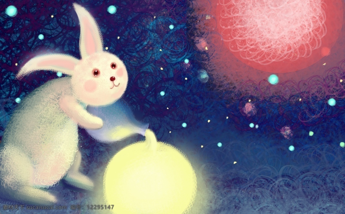 创意 线圈 印象 中秋 月亮 兔子 插画 星空 天空 水瓶 夜晚