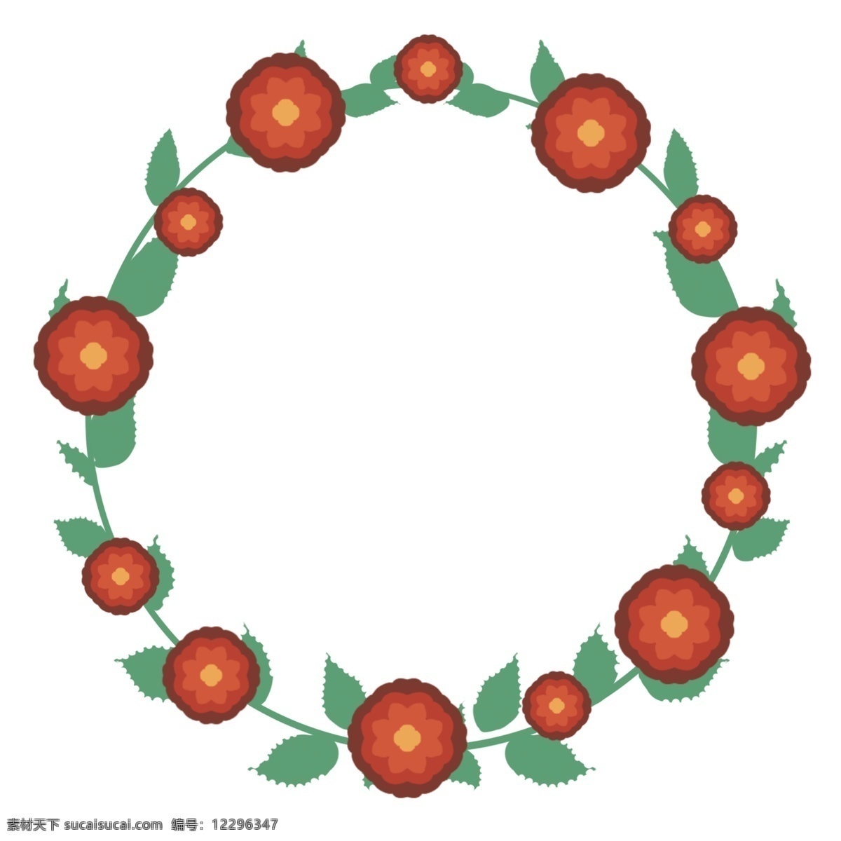 绿叶 花环 装饰 插画 红色的小花 绿色的叶子 卡通花环 创意花环 圆形花环 向日葵花环 植物花环
