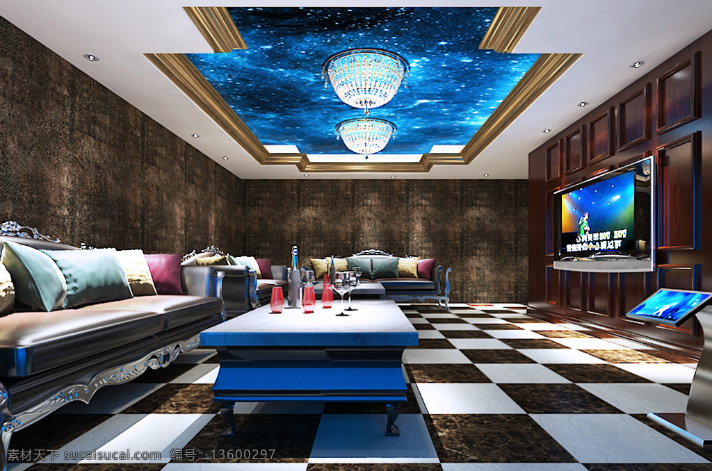 室内设计 3d 效果图 蓝色 传说 主题 ktv 包间 酒水瓶 欧式沙发 圆水晶灯