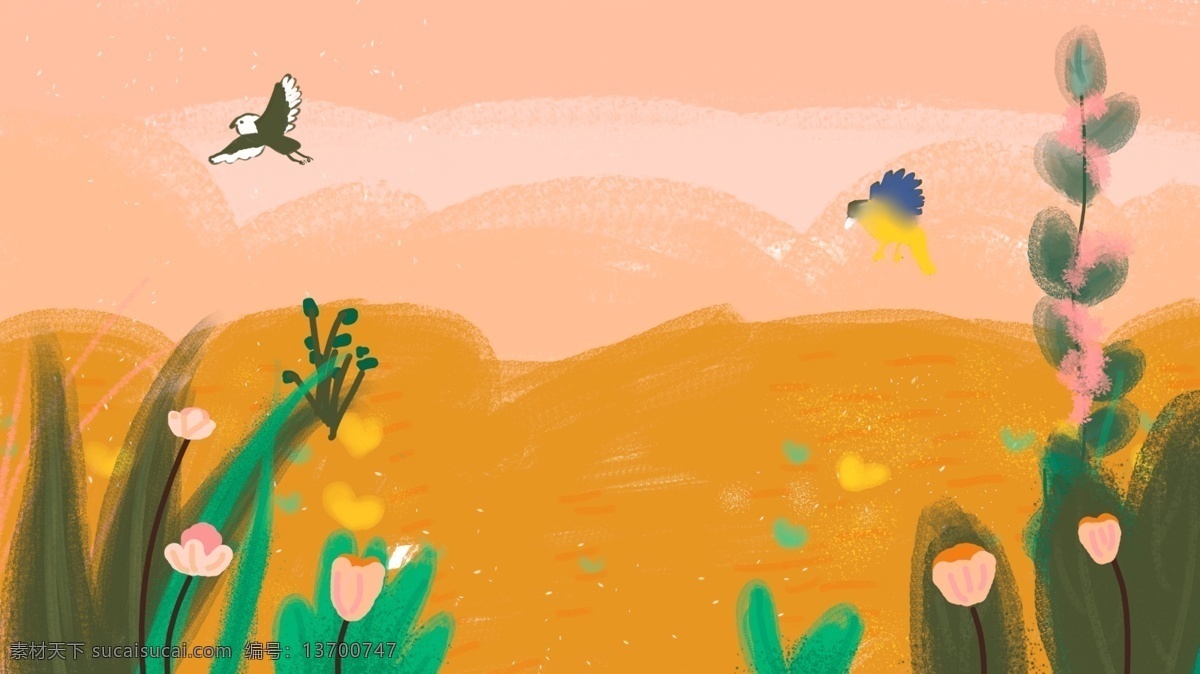 彩绘 植物 天空 小鸟 插画 背景 树叶 背景素材 卡通背景 彩绘背景 手绘背景 卡通 插画背景 广告背景 psd背景 背景展板