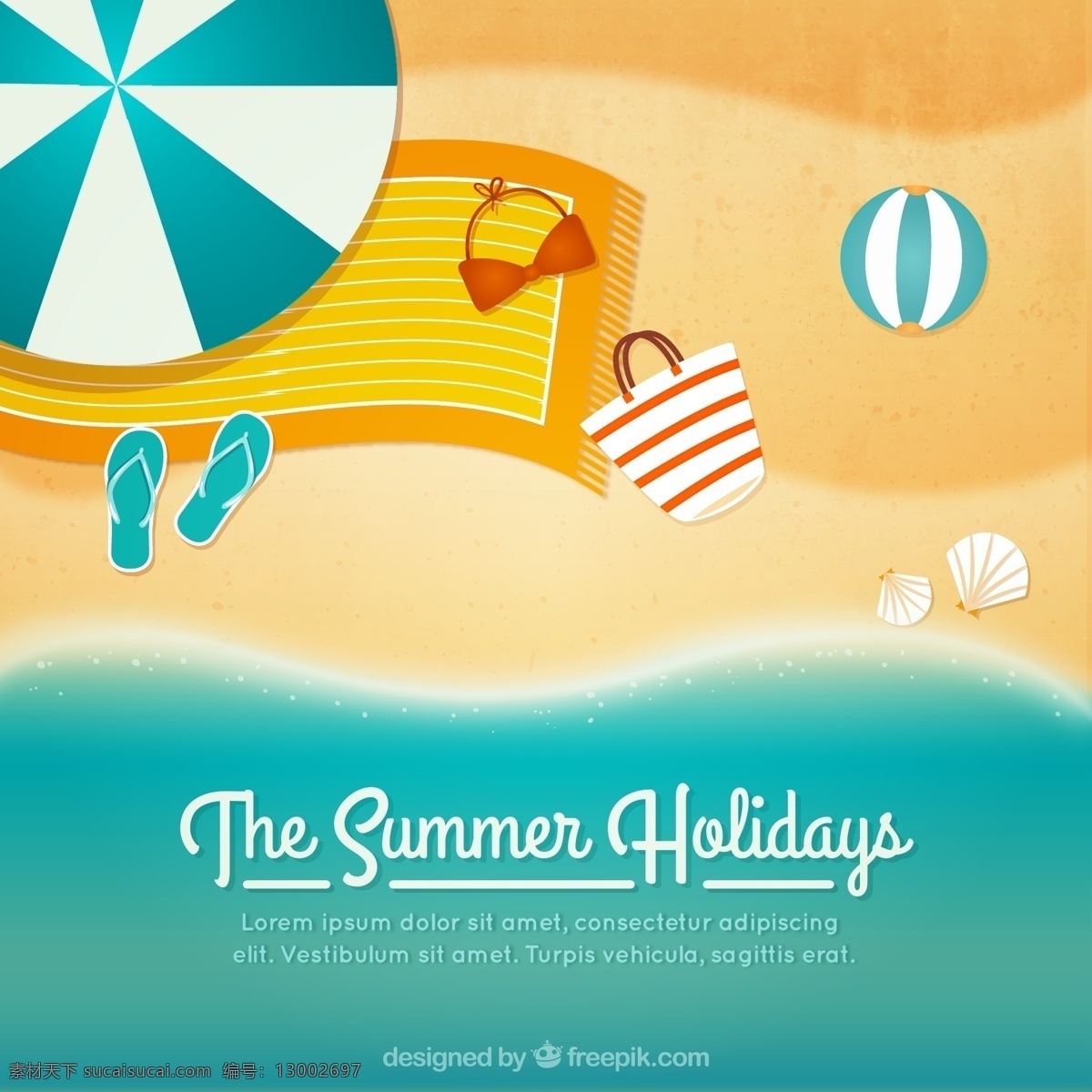 夏季 沙滩 度假 插画 大海 太阳伞 黄色