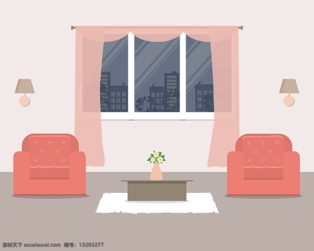 安静的客厅 安静 家居 夜晚 窗户 窗帘 沙发 浪漫 粉色