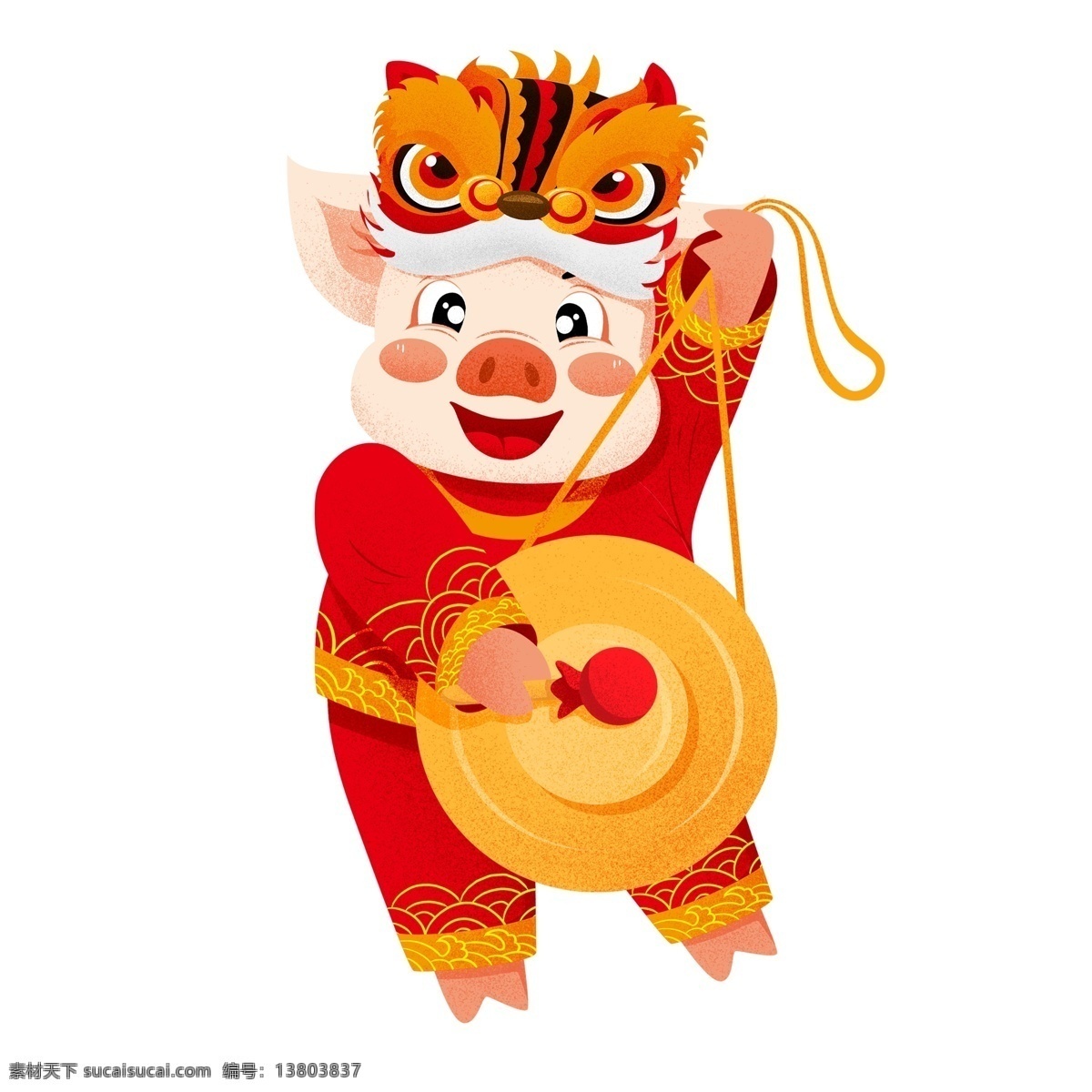 红色 敲 锣 小 猪 喜庆 中国风 插画 可爱 春节 新春 新年 猪年 2019年 小猪形象 猪年形象 敲锣 打鼓 彩绘 小猪