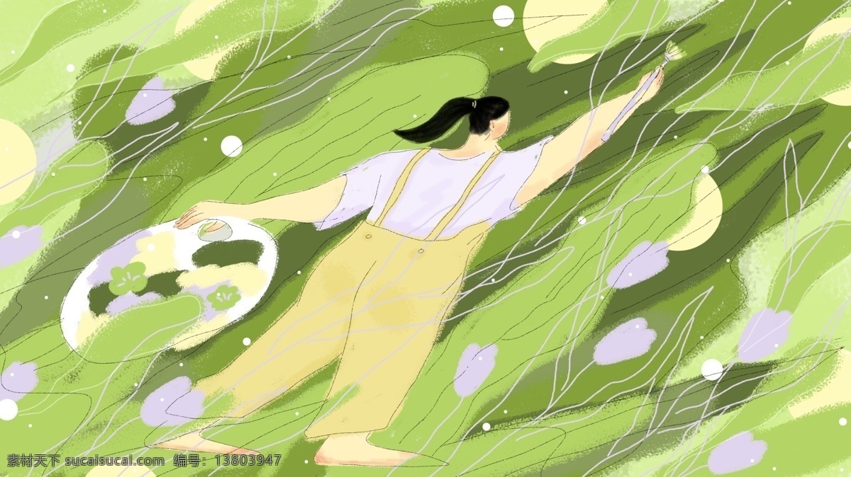 工作 中 人 画画 小姑娘 绿色 森林 蓝色 紫色 插画 绘画 女孩 植物 树 花 黄色 长发 姑娘 艺术 颜料 画笔 泡泡 月亮 背带裤 原创 壁画 彩绘