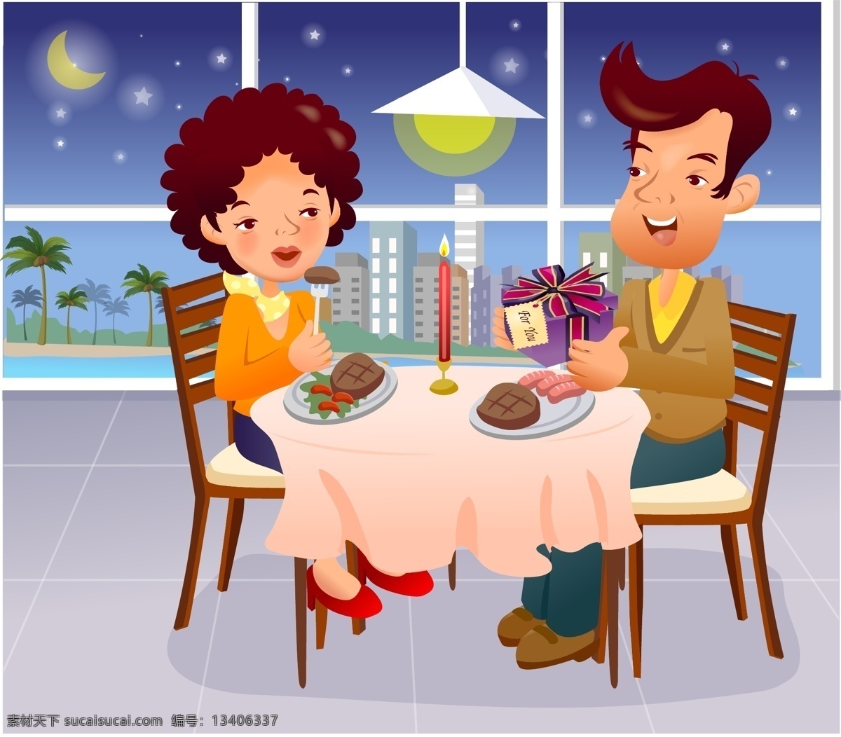 iclickart 卡通 家庭 插画 矢量 吃饭 可爱 人 西方 周年纪念 丈夫和妻子 矢量图 矢量人物