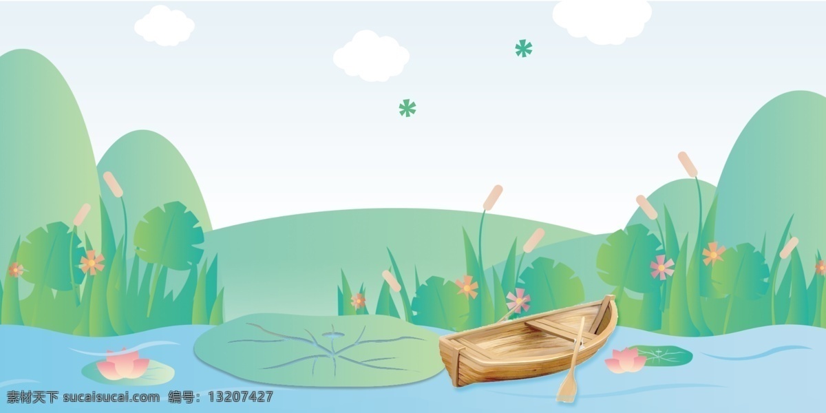 唯美 手绘 河边 风景 插画 背景 手绘背景 唯美背景 风景背景 插画背景 小船 河边背景