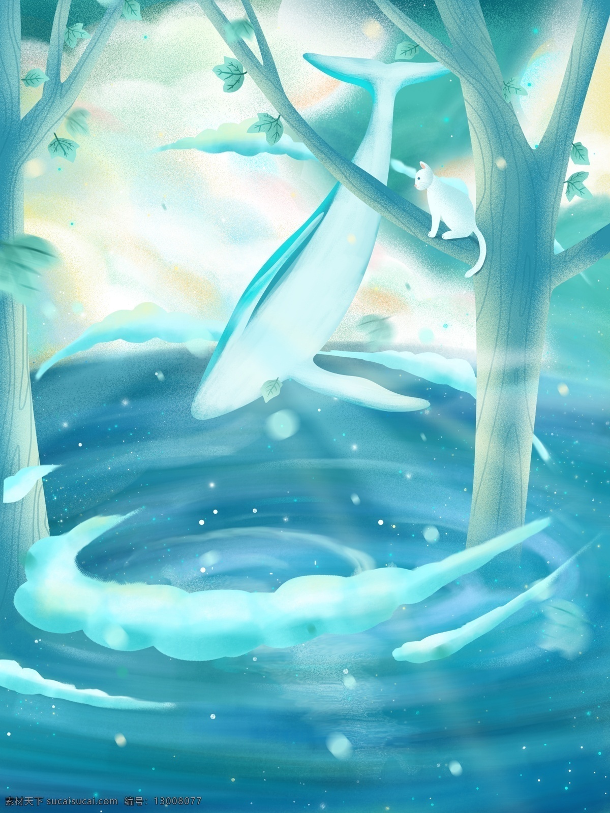 梦幻 蓝色 海洋 风 背景 树林 背景图 创意 海洋风 海底世界 海豚 背景设计 psd背景 背景展板 特邀背景 促销背景