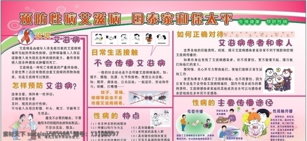 预防性病 艾滋病 国泰 家 保 太平 生殖健康 计划生育宣传 粉红色展板 宣传栏 宣传窗 横板 展板模板 矢量