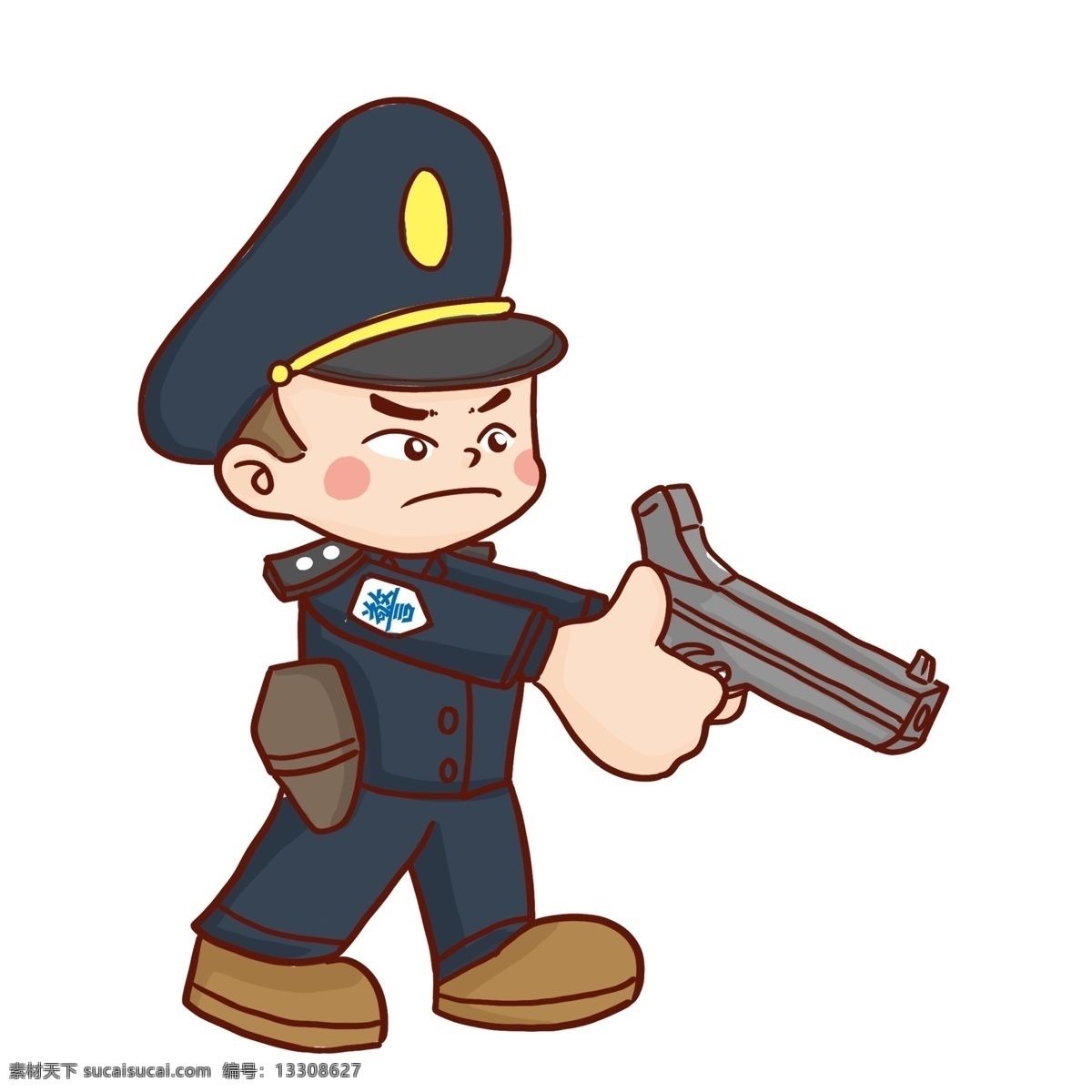 卡通 手绘 一个 举 枪 警察 漫画 配枪 武警 人物素材