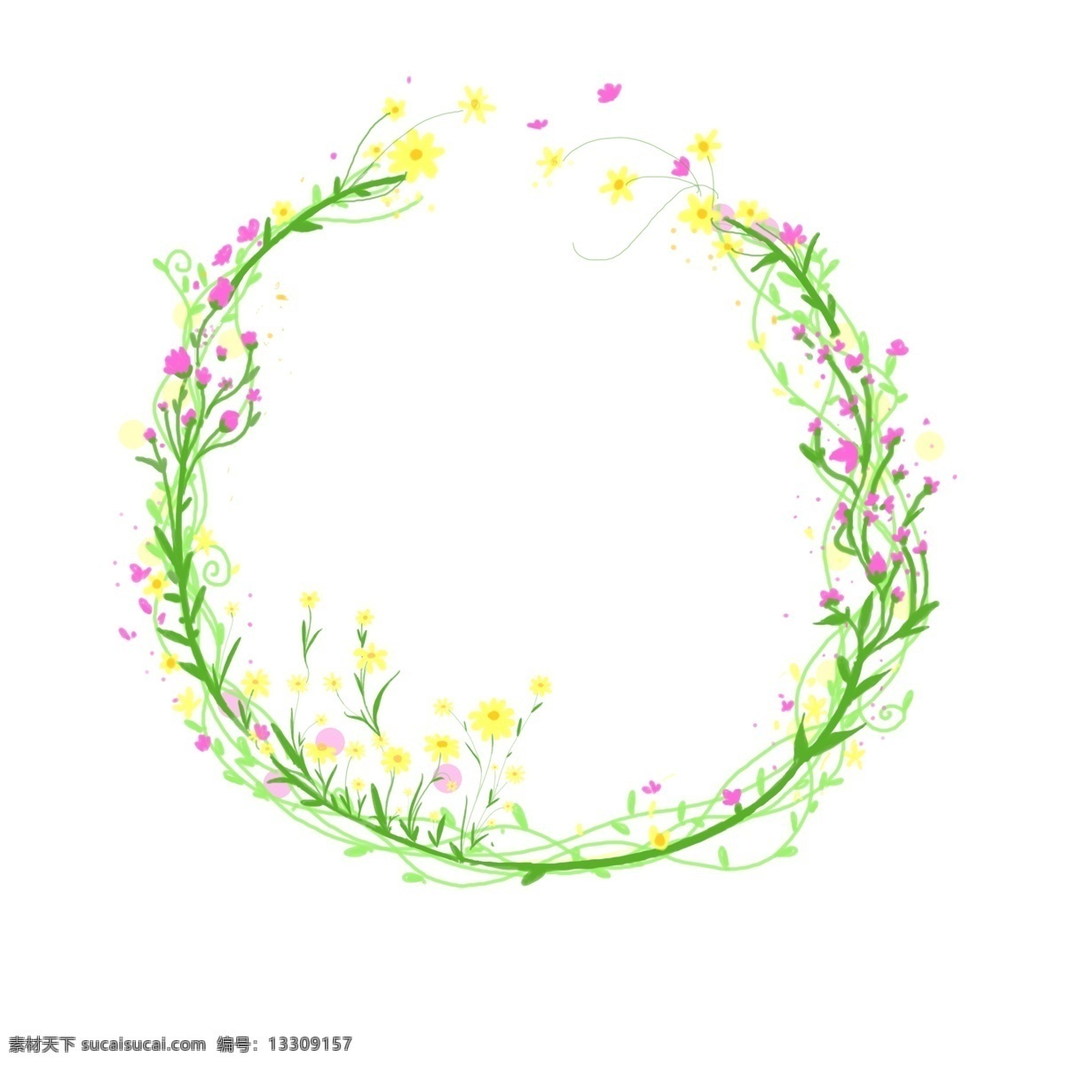 绿色植物 花环 插画 绿色的花环 植物花环 卡通花环 圆形边框 小花装饰 漂亮的花卉 植物边框装饰