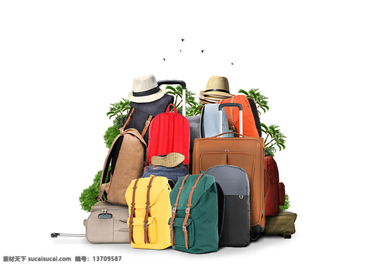一堆旅行背包 背包 拉杆箱 行李箱 旅行箱 地图 城市景区 旅游景区 旅游图标 度假旅行 其他类别 生活百科 白色