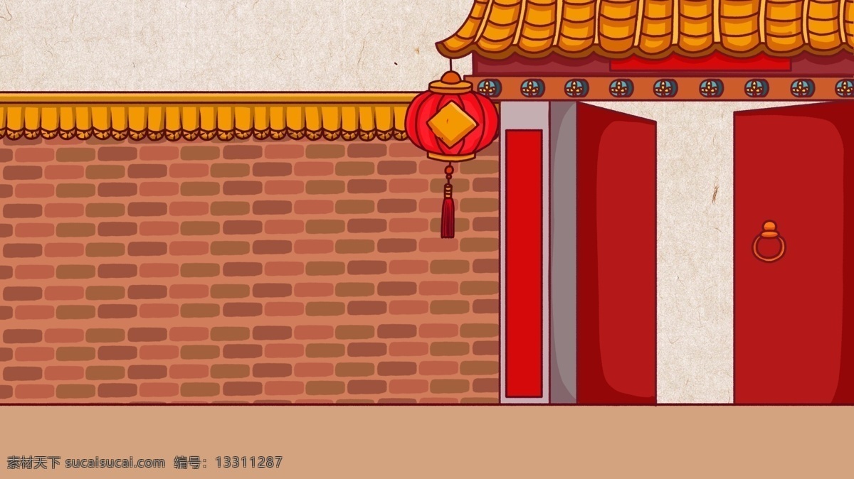 喜庆 手绘 新年 门前 插画 背景 新年背景 红色背景 喜庆背景 新春背景 仿古建筑背景