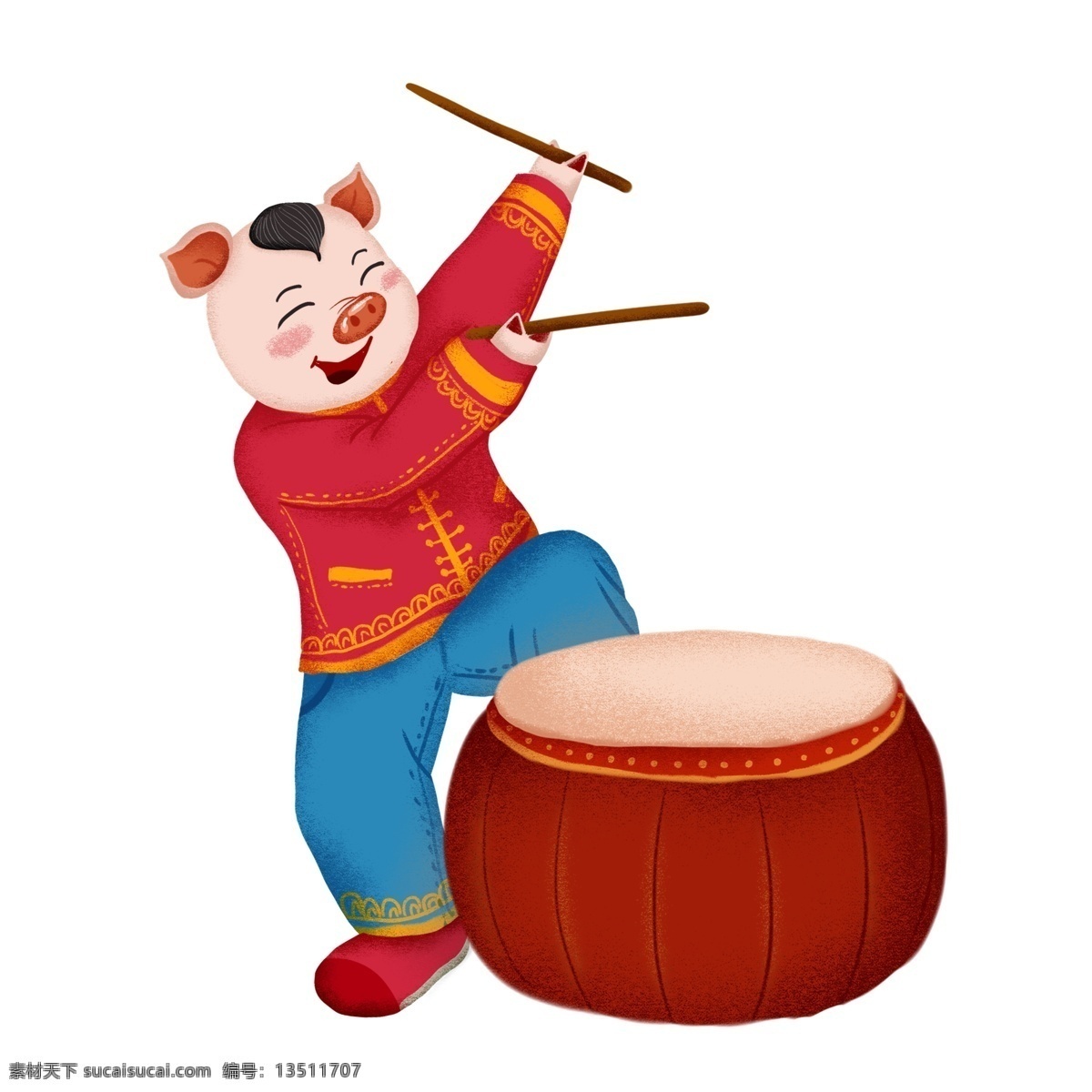2019 猪年 春节 敲锣打鼓 元素 可爱 红色 喜庆 节日 卡通 新年 过年 庆祝