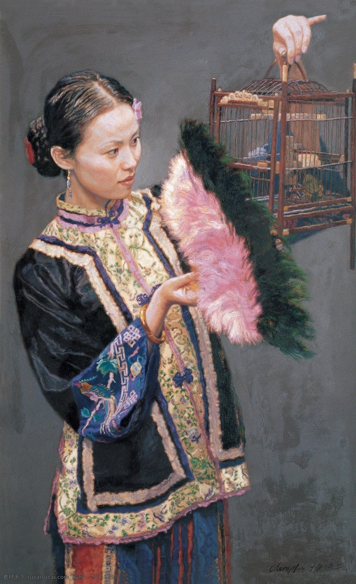 观 鸟 绘画书法 美丽 女人 设计图库 文化艺术 油画 观鸟 陈逸飞 家居装饰素材