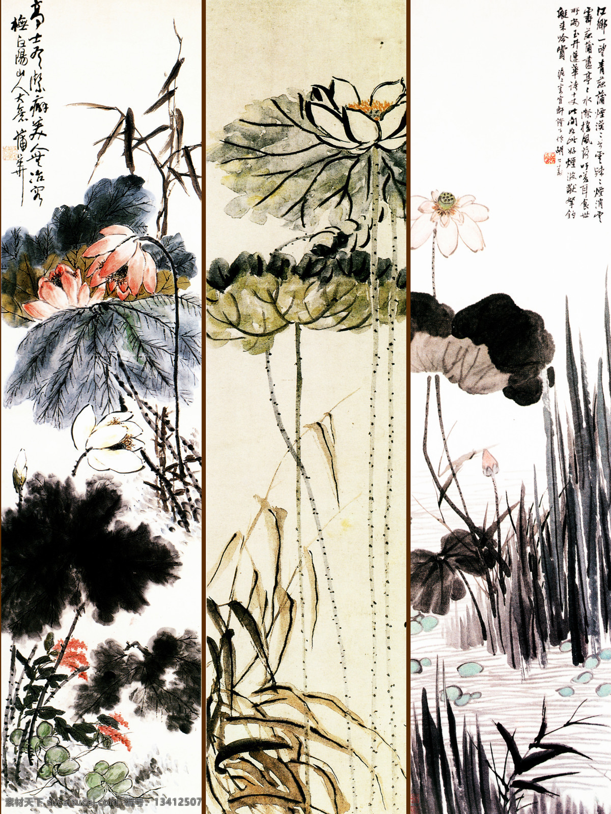 国画荷花三屏 国画 荷花 水墨 屏风 三拼 书法 花卉 壁画 文化艺术 绘画书法 设计图库