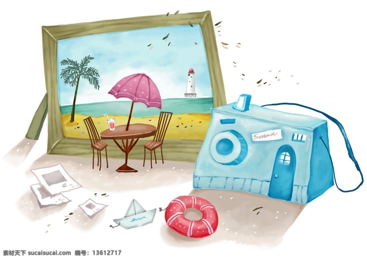 夏日 海滩 插画 相片 游泳圈 照相机 遮阳伞 夏日海滩插画 psd源文件