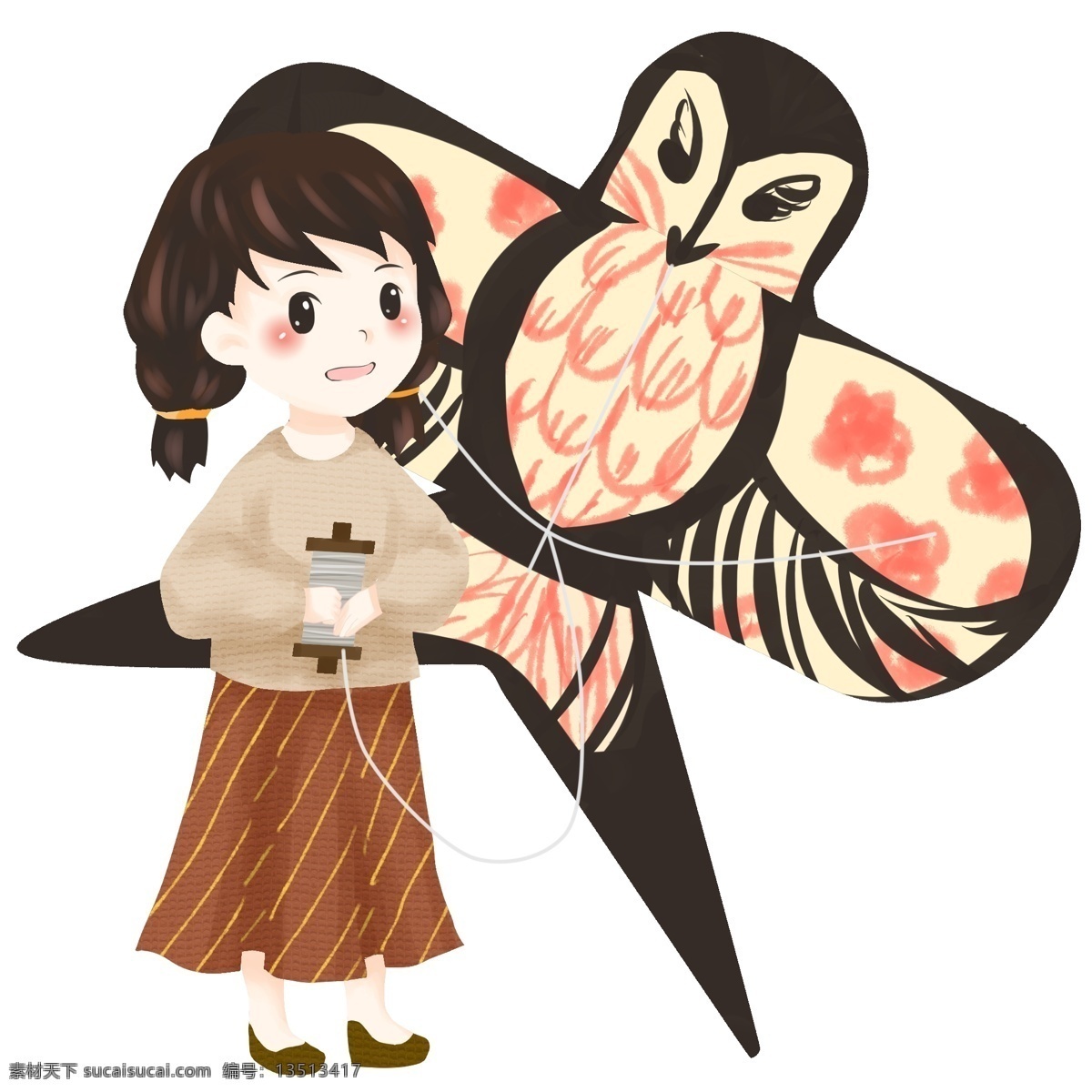 放风筝 小女孩 插画 清明节 人物 放风筝的女孩 黑色的风筝 漂亮的小女孩 卡通人物 白色的绳子