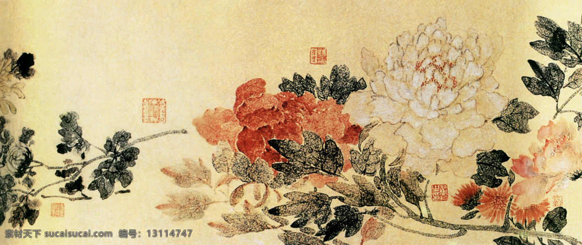 牡丹花 白鹤 丹顶鹤 动物 柳絮 梅花 飘絮 树干 树枝 杂草 竹子 植物 中国风 中华艺术绘画 文化艺术