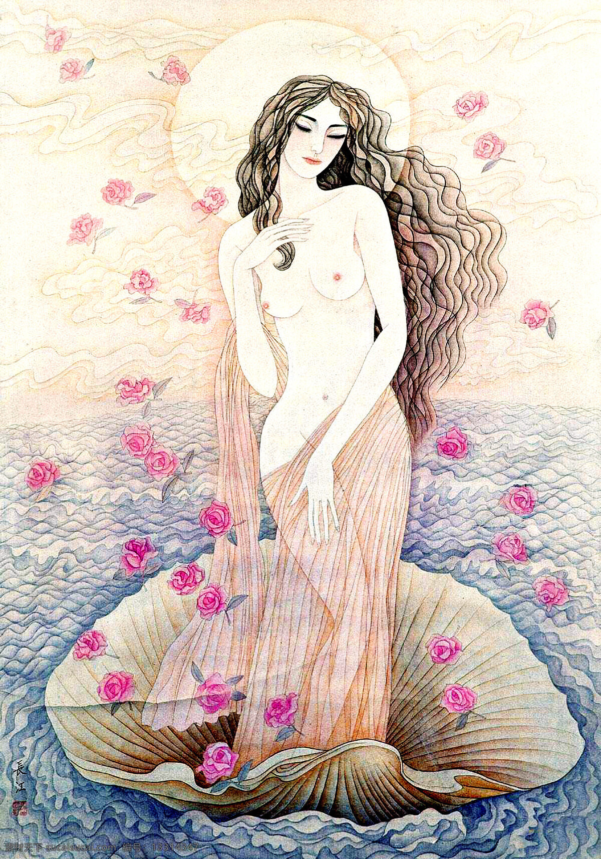 贝壳 表情 动作 发型 服饰 国画艺术 海水 红玫瑰 月亮 女神 设计素材 模板下载 月亮女神 美术 绘画 中国画 工笔重彩画 人物 女人 女子 丽人 美女 美丽 姿态 书法 印章 国画集37 绘画书法 文化艺术 装饰素材 雕刻 图案
