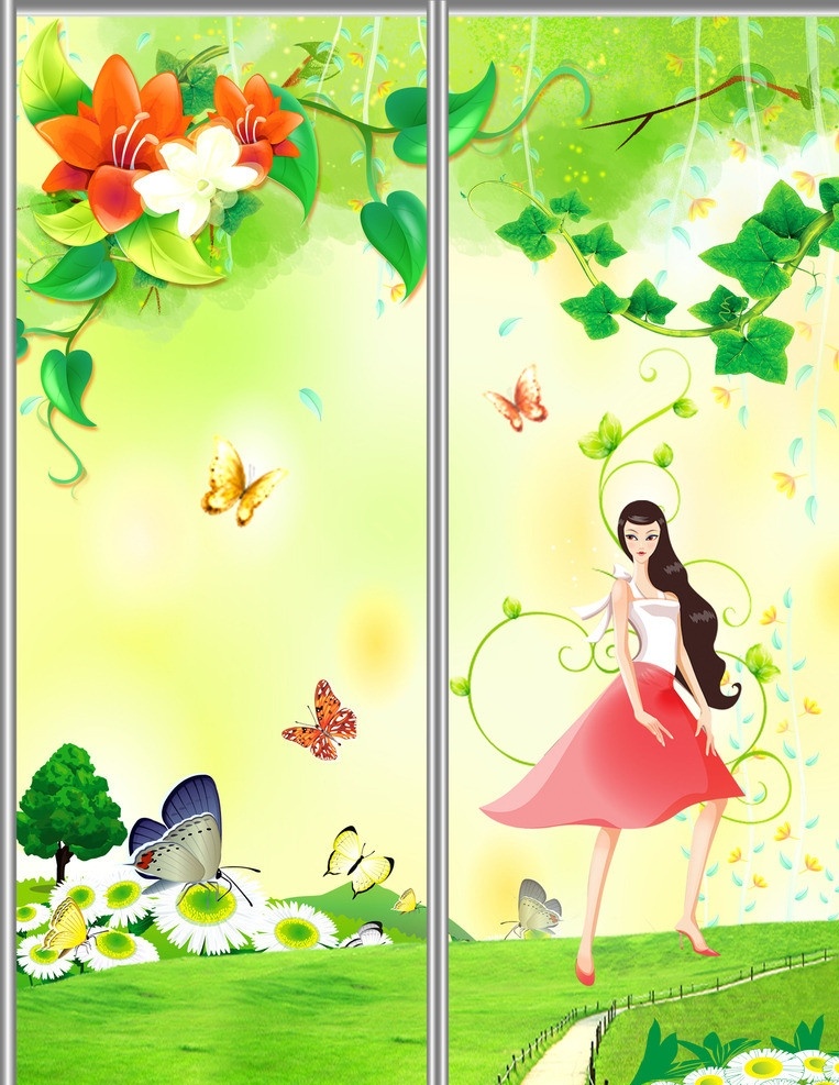 移门图案 移门汇 移门 移门图 花纹 花朵 卡通 百合 风景 女孩 插画 树枝 树叶 草地 蝴蝶 广告设计模板 源文件
