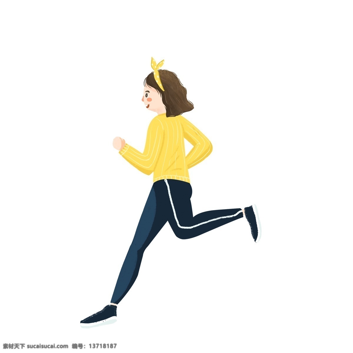 黄色 小 清新 跑步 运动 女孩 卡通 手绘 晨练 插画 人物