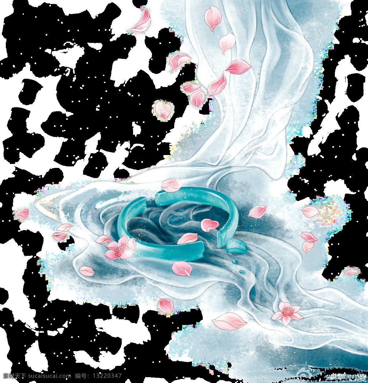 中国 风 水墨 绘 仙境 背景 透明 花瓣 流动 玉镯 梦幻 透明素材 免扣素材 装饰图片