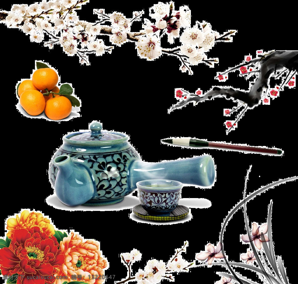 png元素 茶壶 画笔 绘画 免抠元素 水杯 透明素材 中国 风 元素