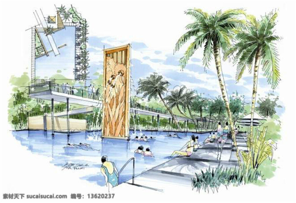 夏天泳池景观 园林景观 房地产广告 房地产效果图 广告设计模板 园林水景 游泳池 风景 园林风景 夏天 椰树