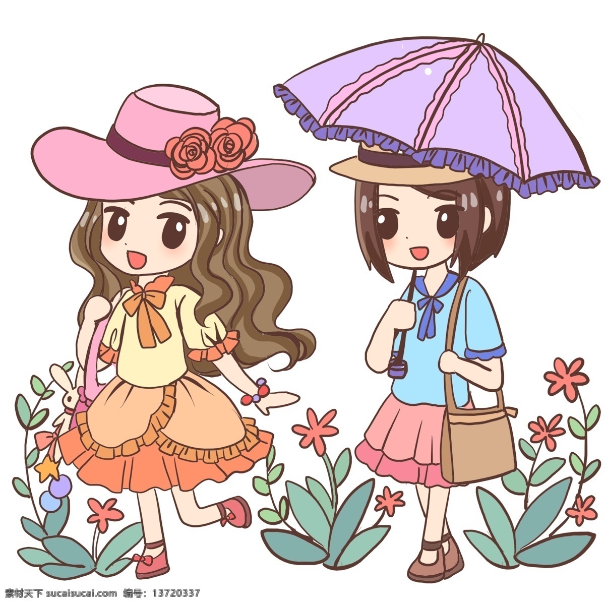 夏天 朋友 逛街 夏日 夏季 太阳伞 太阳帽 植物 花朵 女孩子 凉爽 裙子 降暑 避暑 降温