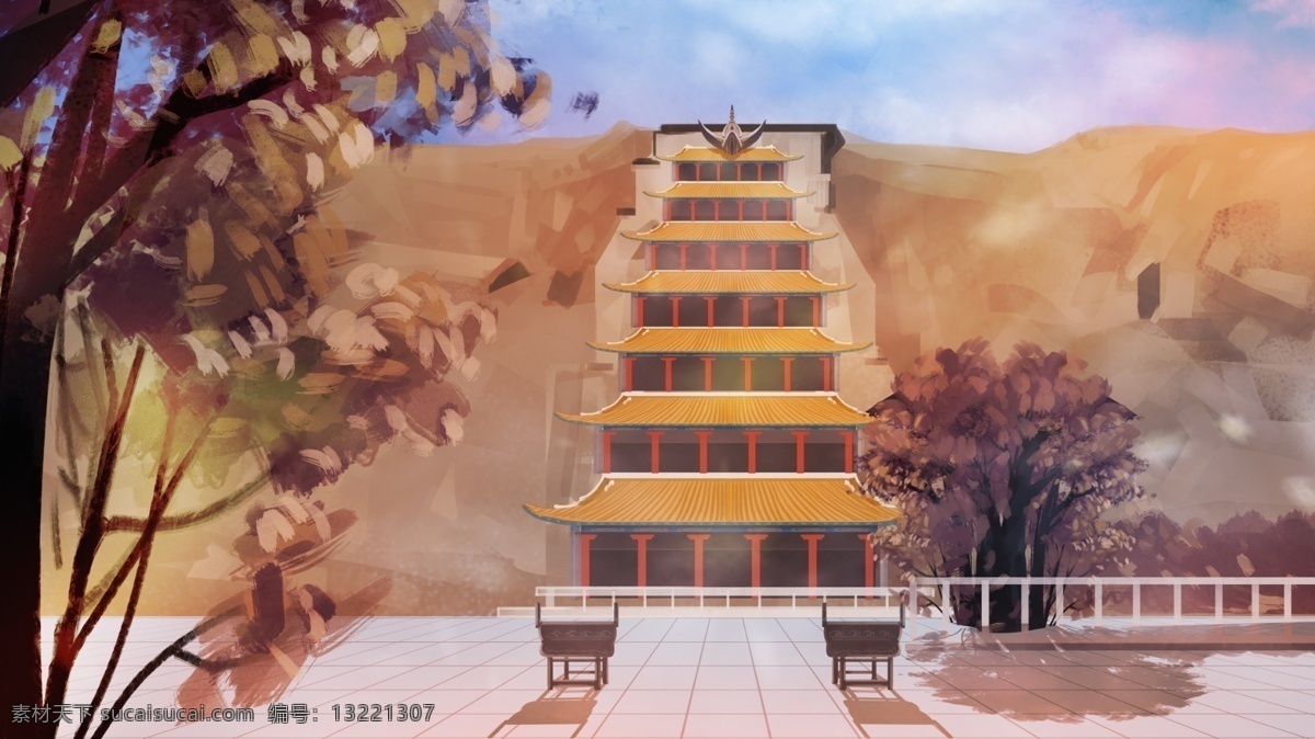 敦煌 莫高窟 秋季 背景 建筑 风景画 风景 背景素材 卡通背景 古建筑 古风 厚涂 中国元素 中国文化 传统文化 传统艺术 东方元素 风景名胜 名胜古迹 金秋 秋天 秋分 落叶 金色场景 广告背景 psd背景 背景展板 手绘背景