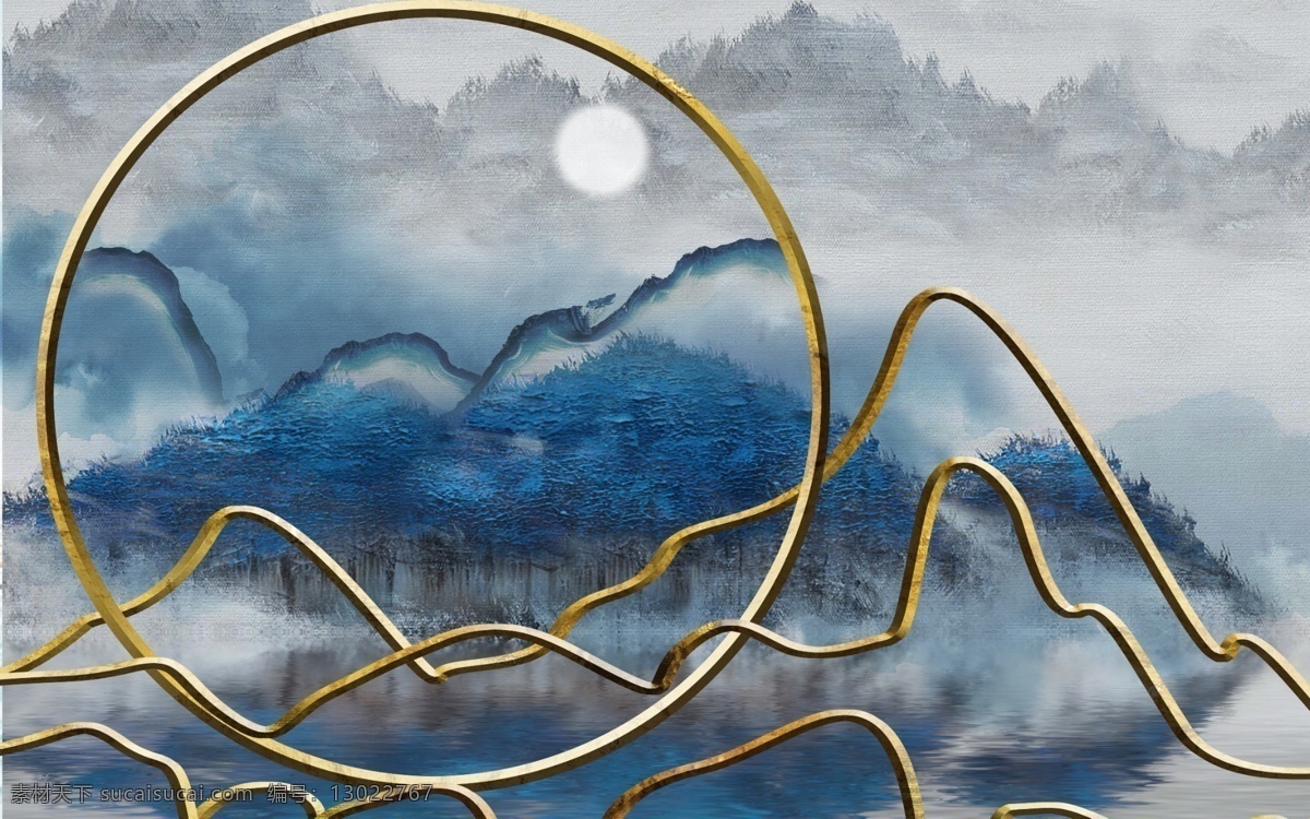 蓝色 油画 山水 线条 玄关 屏风 背景 墙 底纹 创意