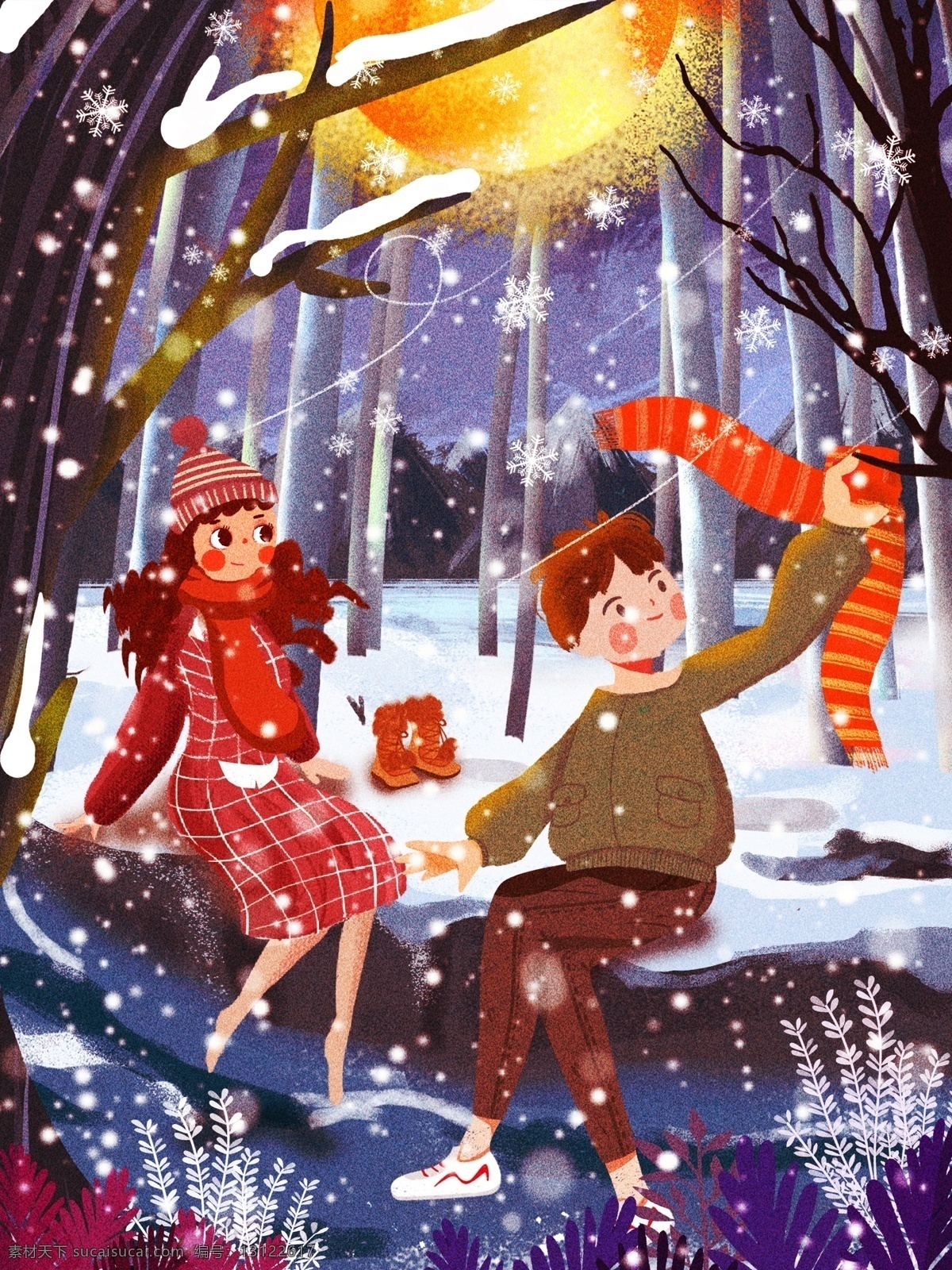 原创 插画 冬季 男女 看 雪 情侣 冬天 卡通人物 情侣日常 冬季你好 冬天你好 卡通男女 小情侣 温馨