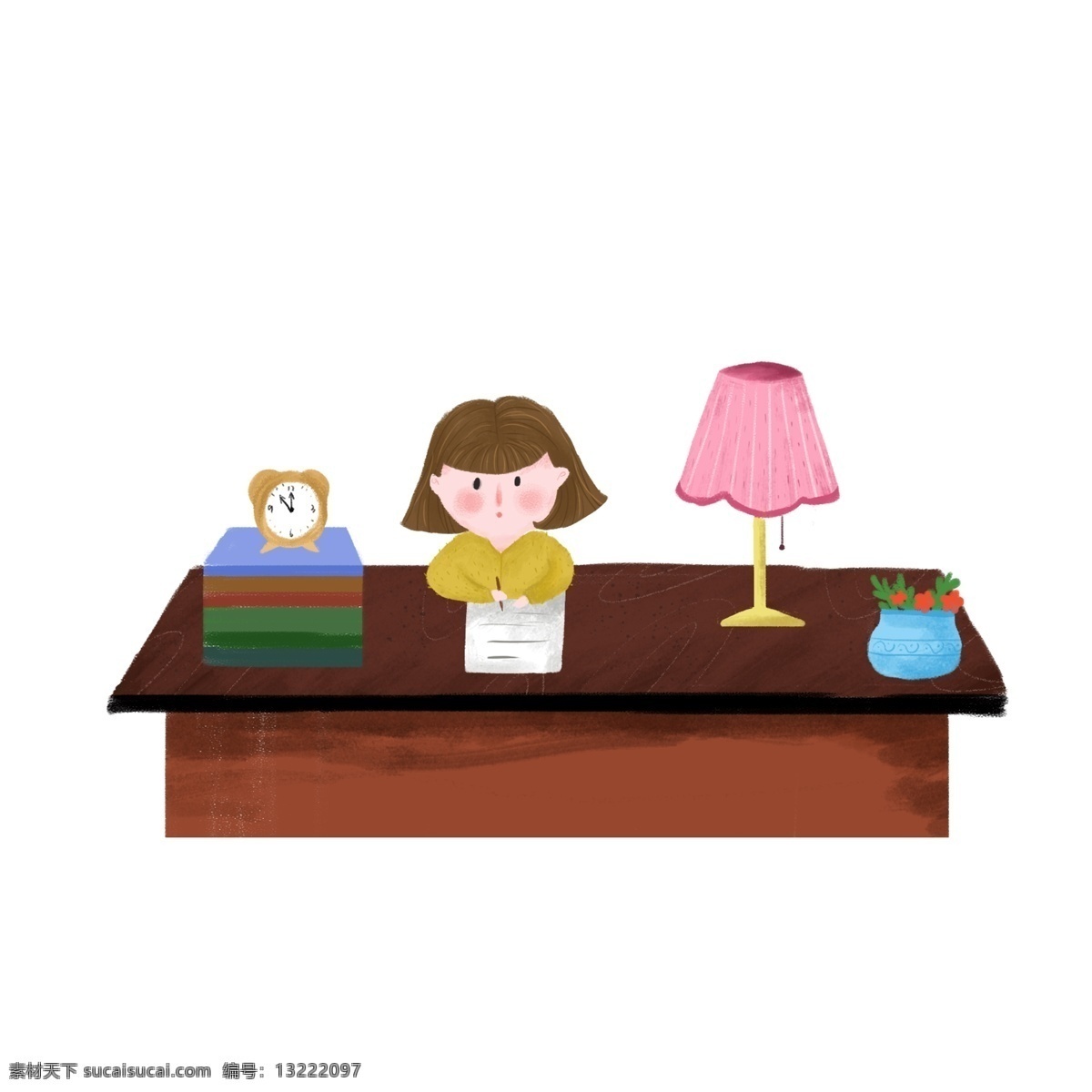 彩绘 写作 业 学生 人物 小女孩 桌子 写作业 台灯 一摞书