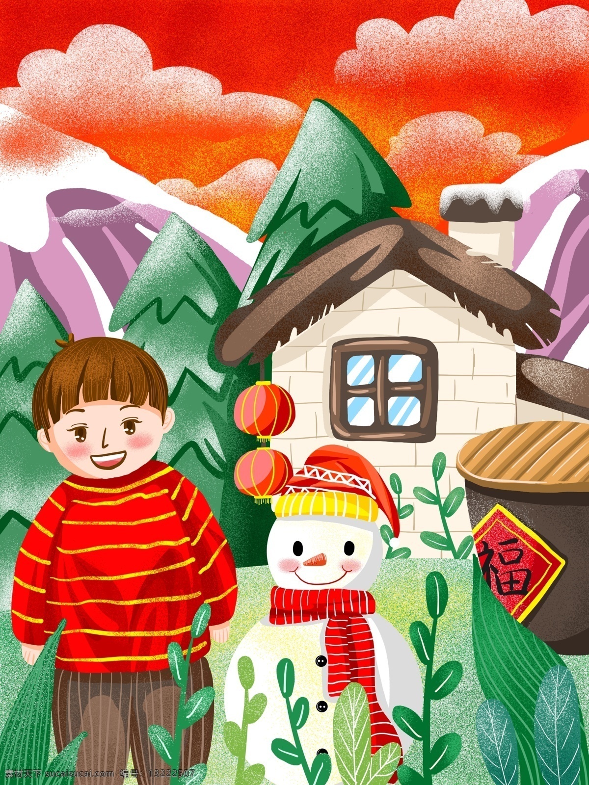 小年 快乐 男孩 雪人 节日 插画 绘画 插图 配图 噪点 小男孩