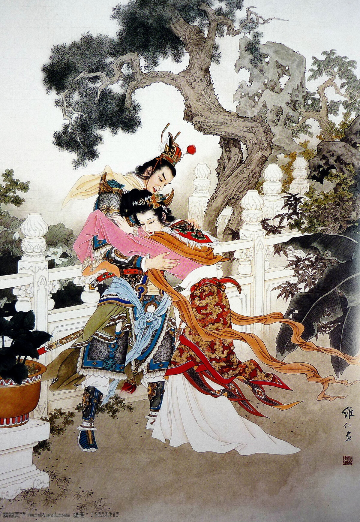 表情 动作 发型 服装 国画 国画艺术 花草 花园 貂婵与吕布 美术 绘画 人物画 三国人物 貂婵 美人 吕布 汉末名将 姿势 奇石 树木 石栏 相会 书法 印章 工笔画 仕女 集锦 绘画书法 文化艺术 装饰素材 雕刻 图案
