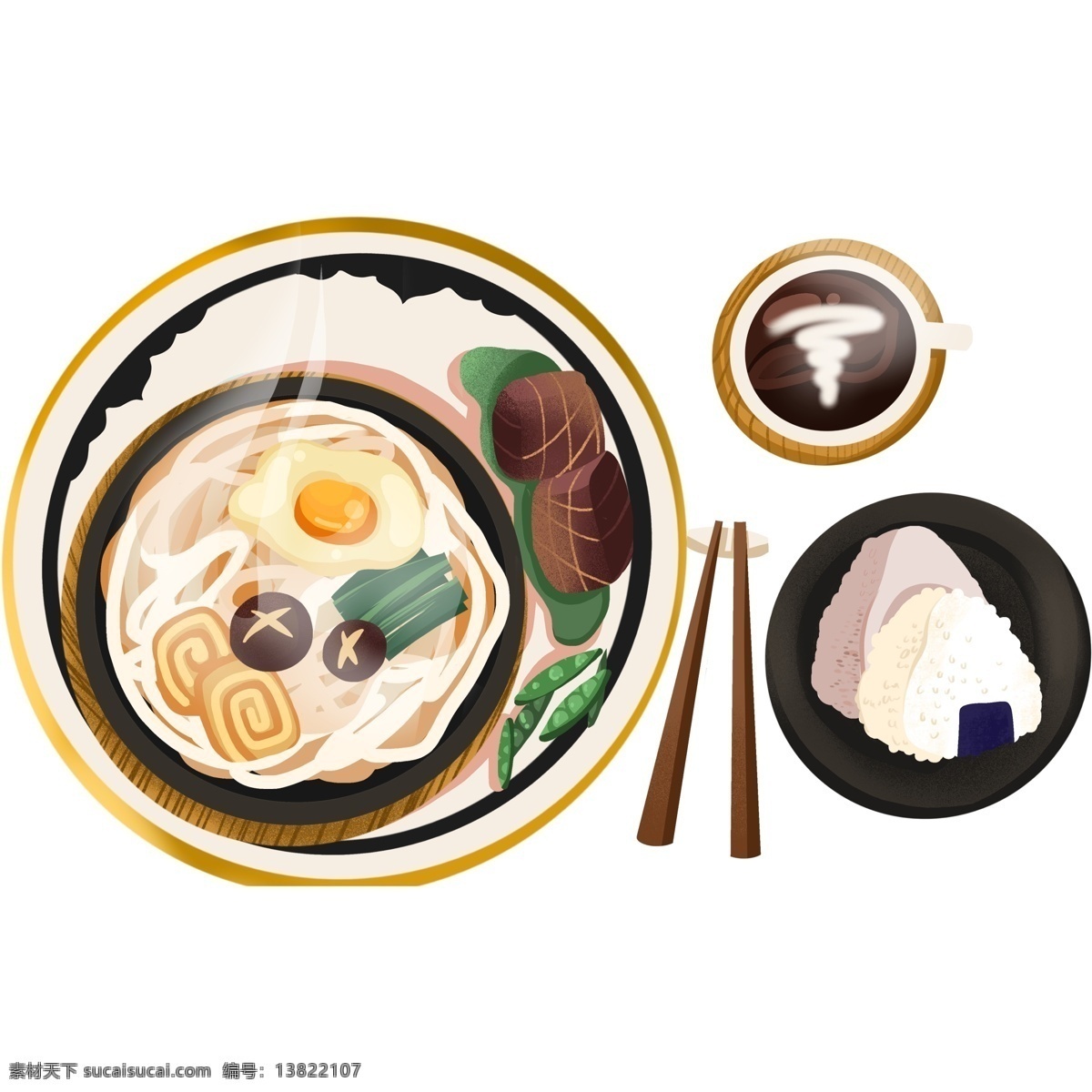 手绘 日本 拉面 元素 美食 食物元素 饭团 筷子 卡通设计 日本拉面 咖啡